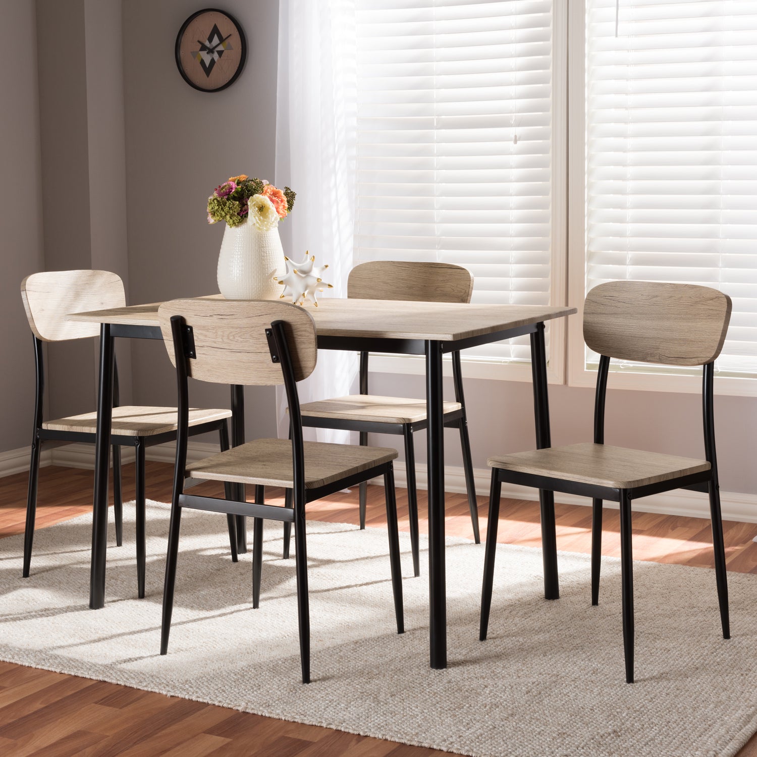 Honore Dining Set Mid-Century Modern 5-Piece Light Brown Wood Finish Matte Black Frame