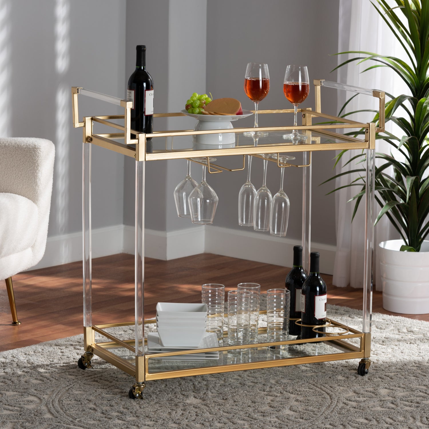 Savannah Wine Cart Contemporary Glam Luxe Gold Metal with Glass Accents