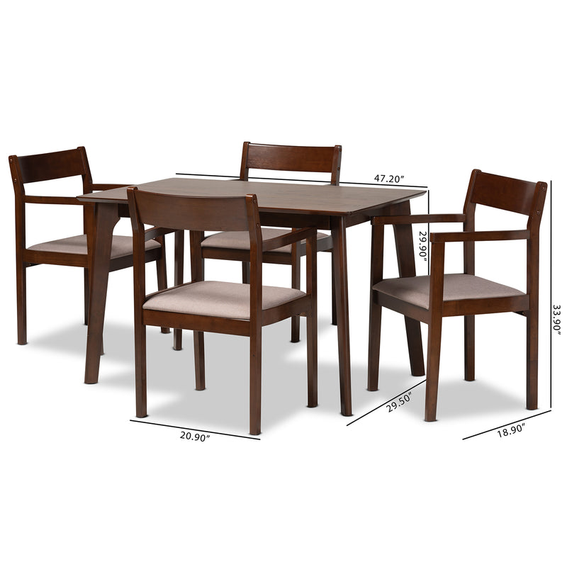 Helene Dining Set Mid-Century Modern 5-Piece Warm Grey Fabric Dark Brown Finished Wood