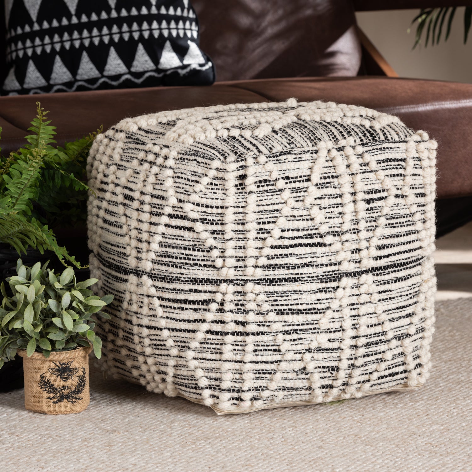 Sentir Pouf Ottoman Modern Moroccan Inspired Handwoven Wool Blend in Ivory and Black