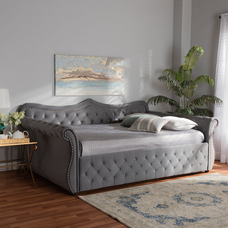 Abbie Daybed - Traditional and Transitional Grey Velvet Fabric Upholstered with Crystal Tufting