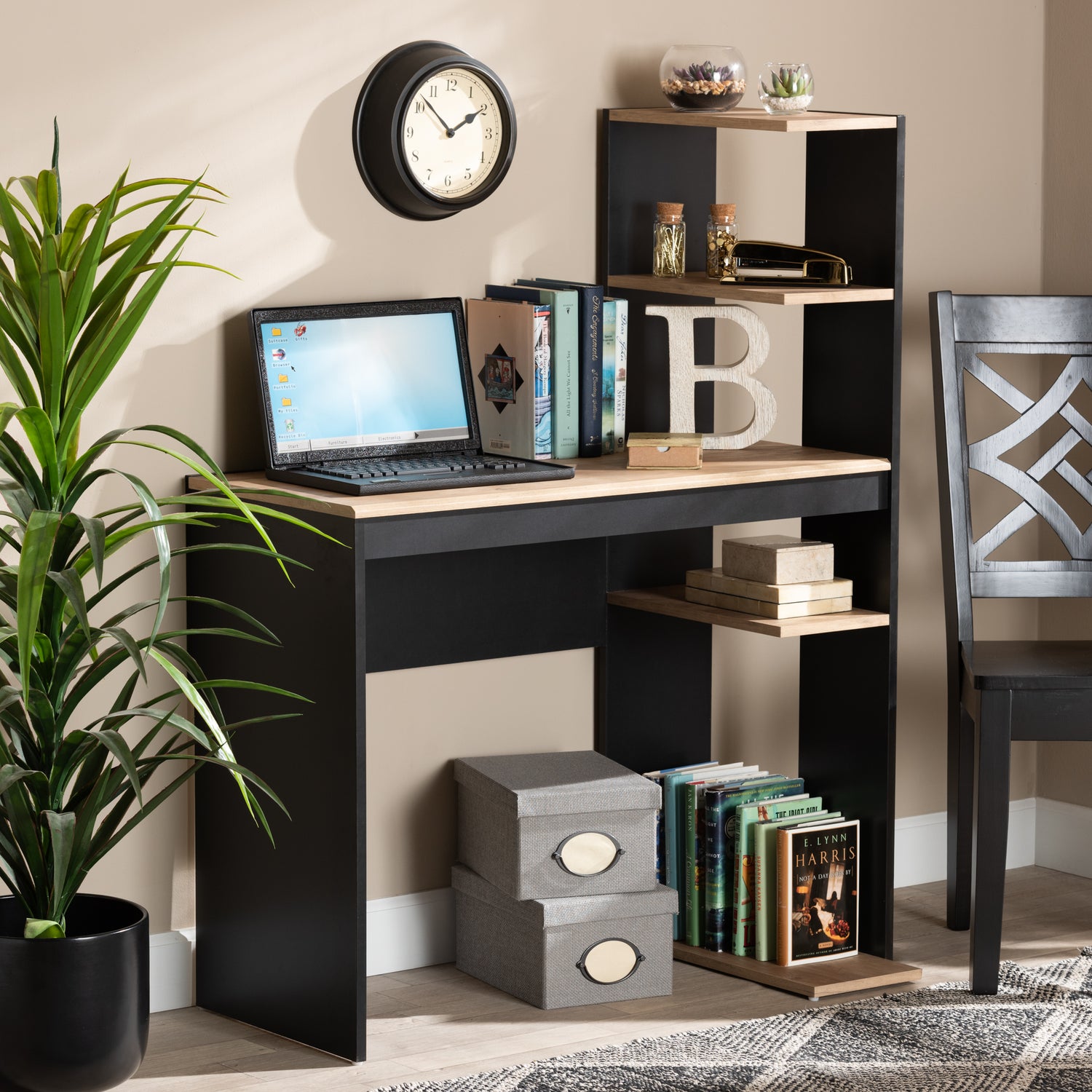 Callahan Modern Wood Desk - Two-Tone Dark Grey and Oak Finish with Shelves for Stylish Home Office Organization