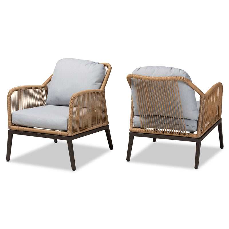 Endecott Modern Contemporary 2-Piece Patio Chair Set Grey Fabric Upholstery Brown Synthetic Rattan