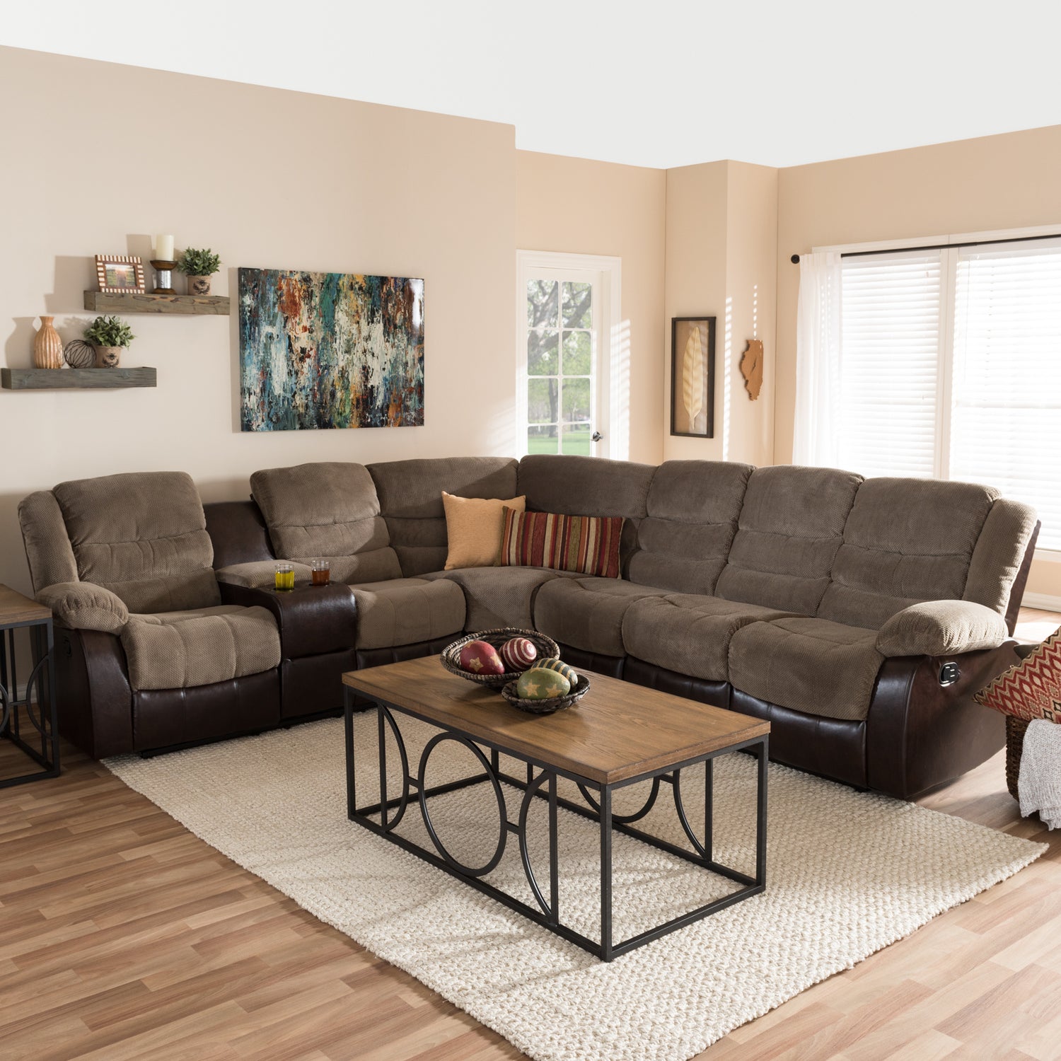 Robinson Sectional Sofa Modern Two-Tone Design in Taupe Fabric and Brown Faux Leather for Stylish Living Rooms