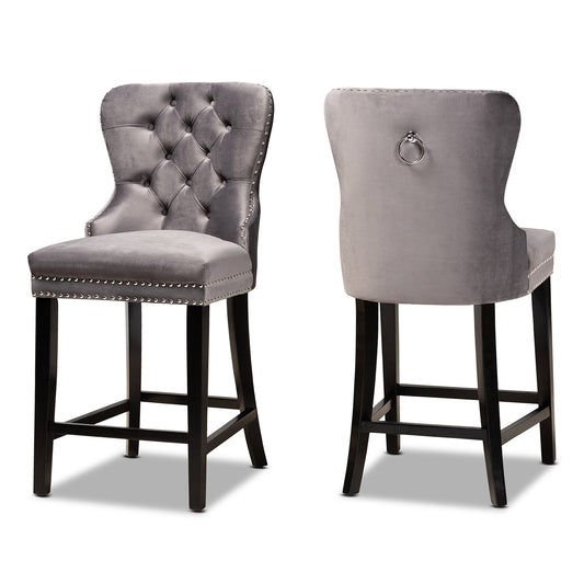 Howell Counter Stool Set Modern Transitional Grey Velvet Upholstered and Dark Brown Finished Wood 2-Piece