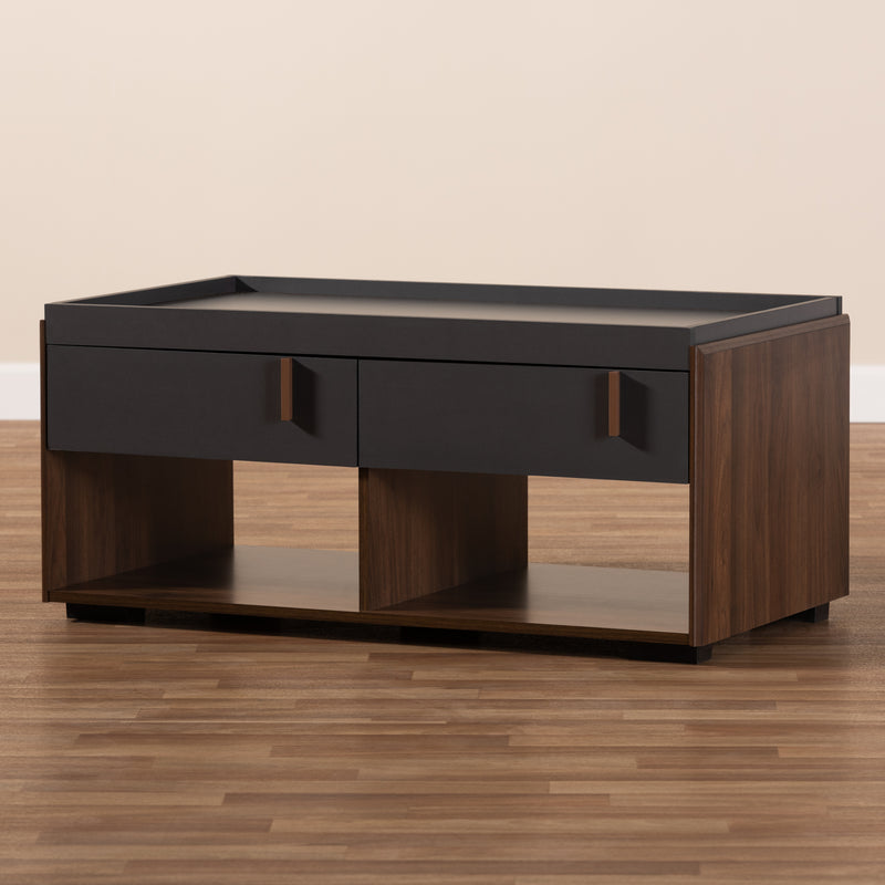 Rikke Coffee Table - Modern Two-Tone Gray and Walnut Wood with 2 Drawers for Stylish Living Room Storage