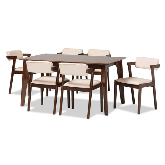 Althea 7-Piece Dining Set Mid-Century Modern Design with Cream Upholstery and Dark Brown Finished Wood