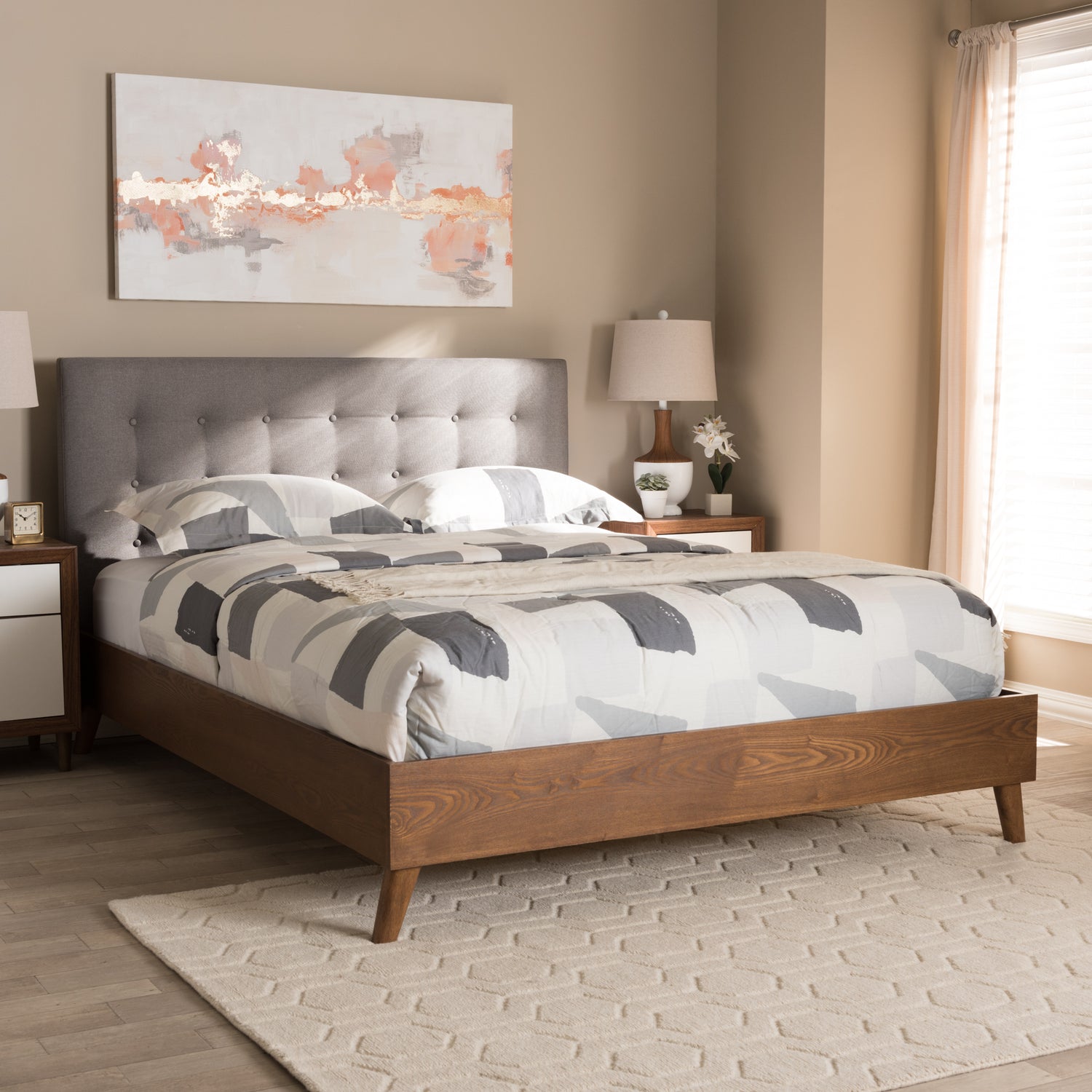 Alinia Platform Bed - Mid-century Retro Modern Grey Fabric Upholstered Walnut Wood