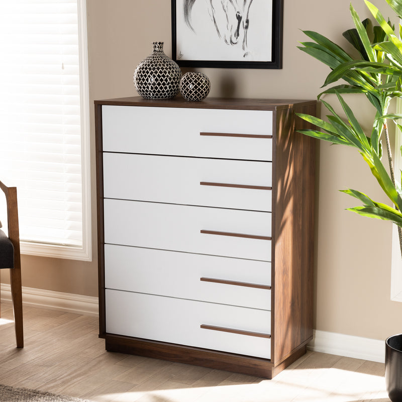 Mette Mid-Century Modern 5-Drawer Wood Chest in Two-Tone White and Walnut, Stylish Storage for Bedroom or Living Room