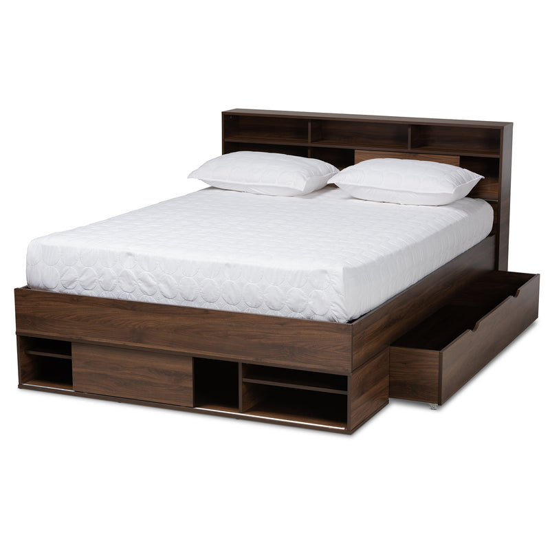 Tristan Queen Size Platform Storage Bed - Modern Walnut Brown Wood with Drawer and Shelves for Organized Bedroom Storage