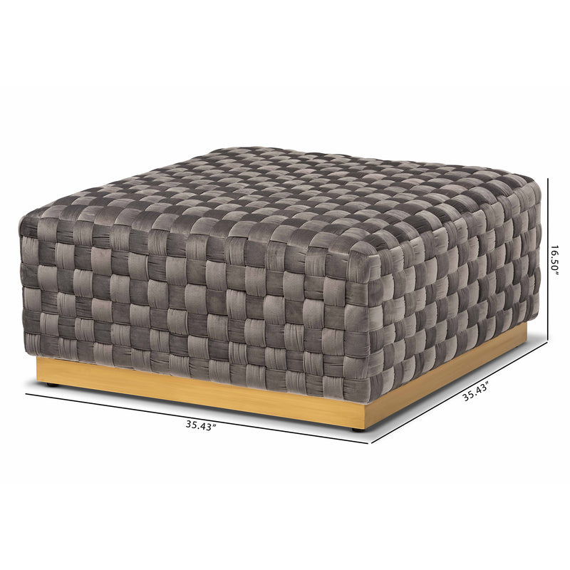 Noah Luxe Grey Velvet Cocktail Ottoman - Glam Upholstered Square Design with Gold Accents