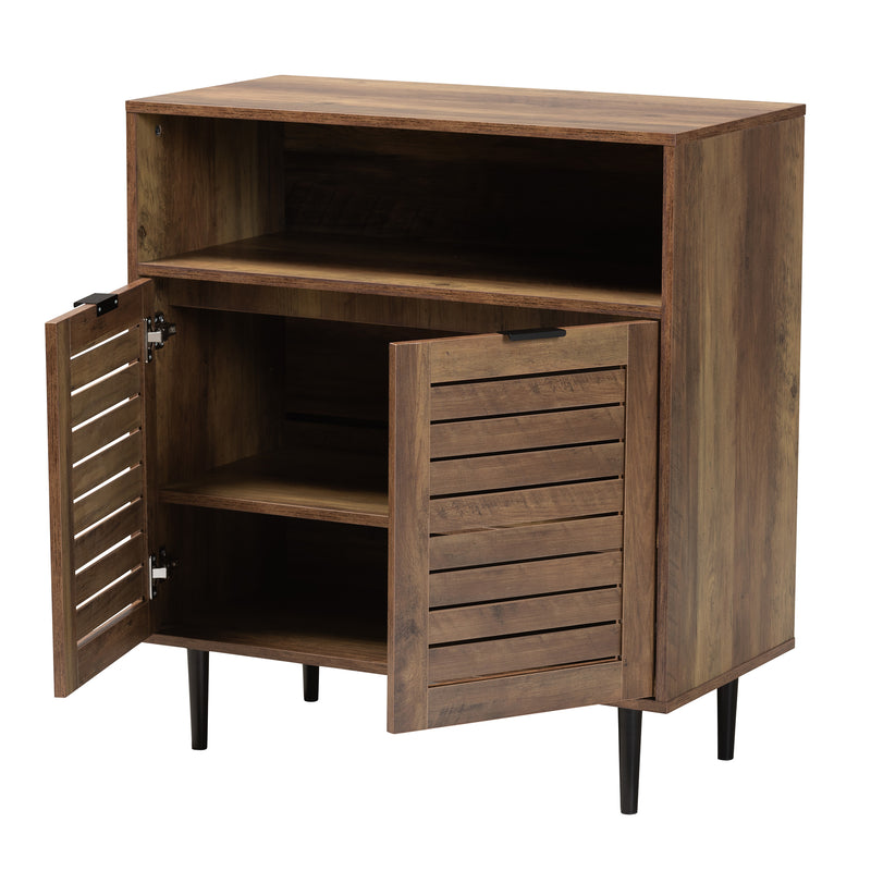 Baylah Sideboard Mid-Century Modern Natural Brown Wood with Black Metal Accents, 2-Door Storage Cabinet for Living or Dining Room