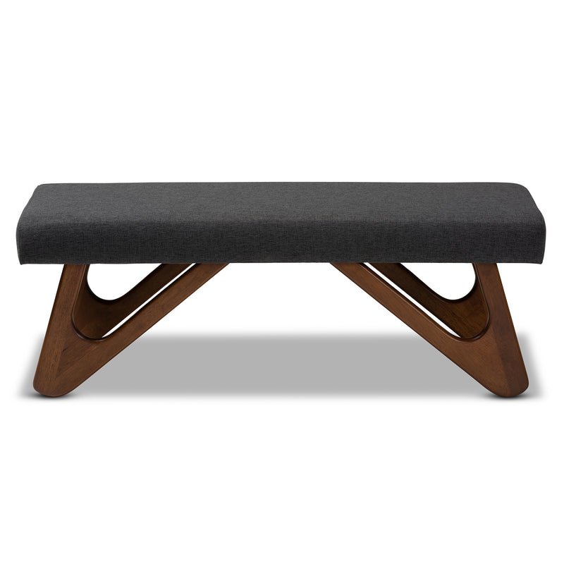 Rika Bench Mid-Century Modern Dark Grey Fabric Upholstered Walnut Brown Finished Boomerang