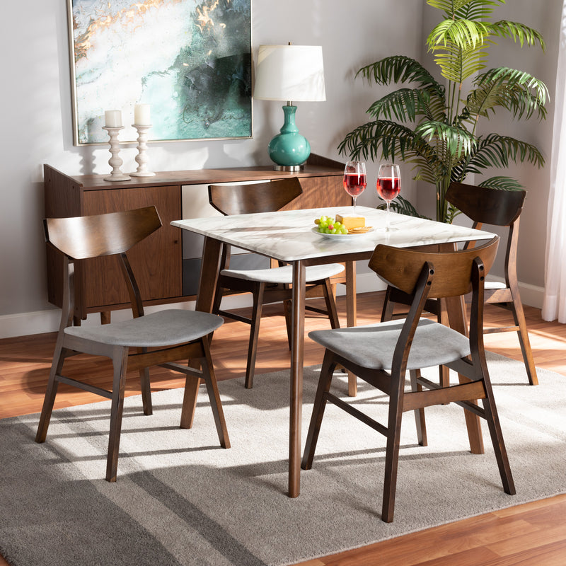 Pearson Dining Set Mid-Century Modern Transitional Light Beige Fabric Upholstered Walnut Brown Finished Wood 5-Piece with Faux Marble Table