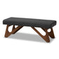 Rika Bench Mid-Century Modern Dark Grey Fabric Upholstered Walnut Brown Finished Boomerang