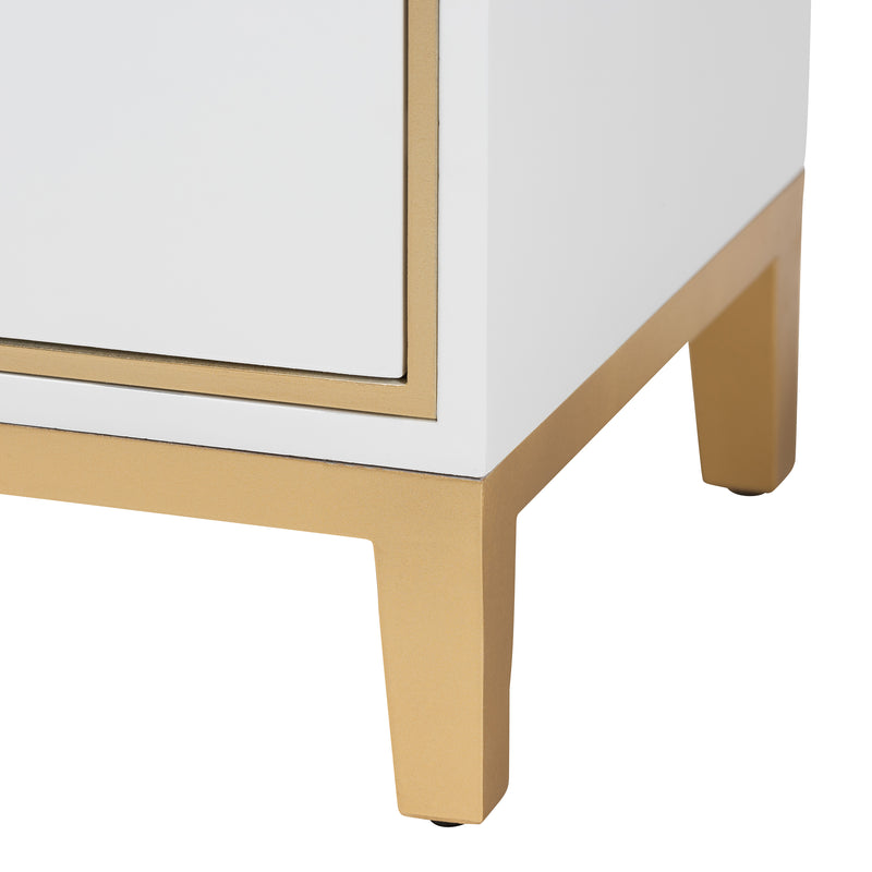 Donald End Table Modern Glam and Luxe White Finished Wood and Gold Metal 2-Drawer