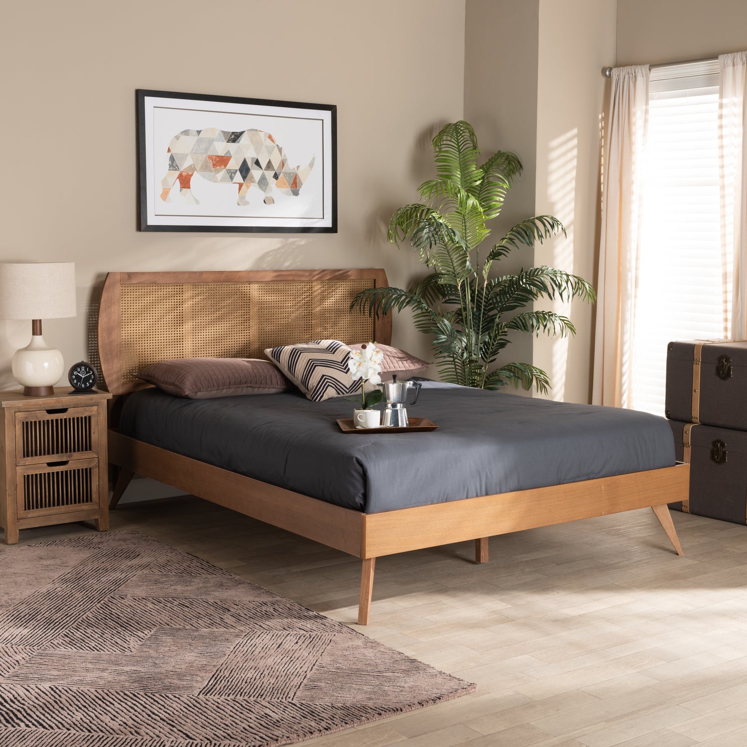 Asami Platform Bed - Mid-Century Modern Walnut Brown Finished Wood and Synthetic Rattan