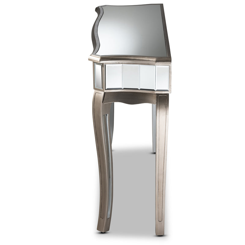 Elgin Console Table Contemporary Glam Luxe Design with Brushed Silver Finished Wood and Mirrored Glass Accents