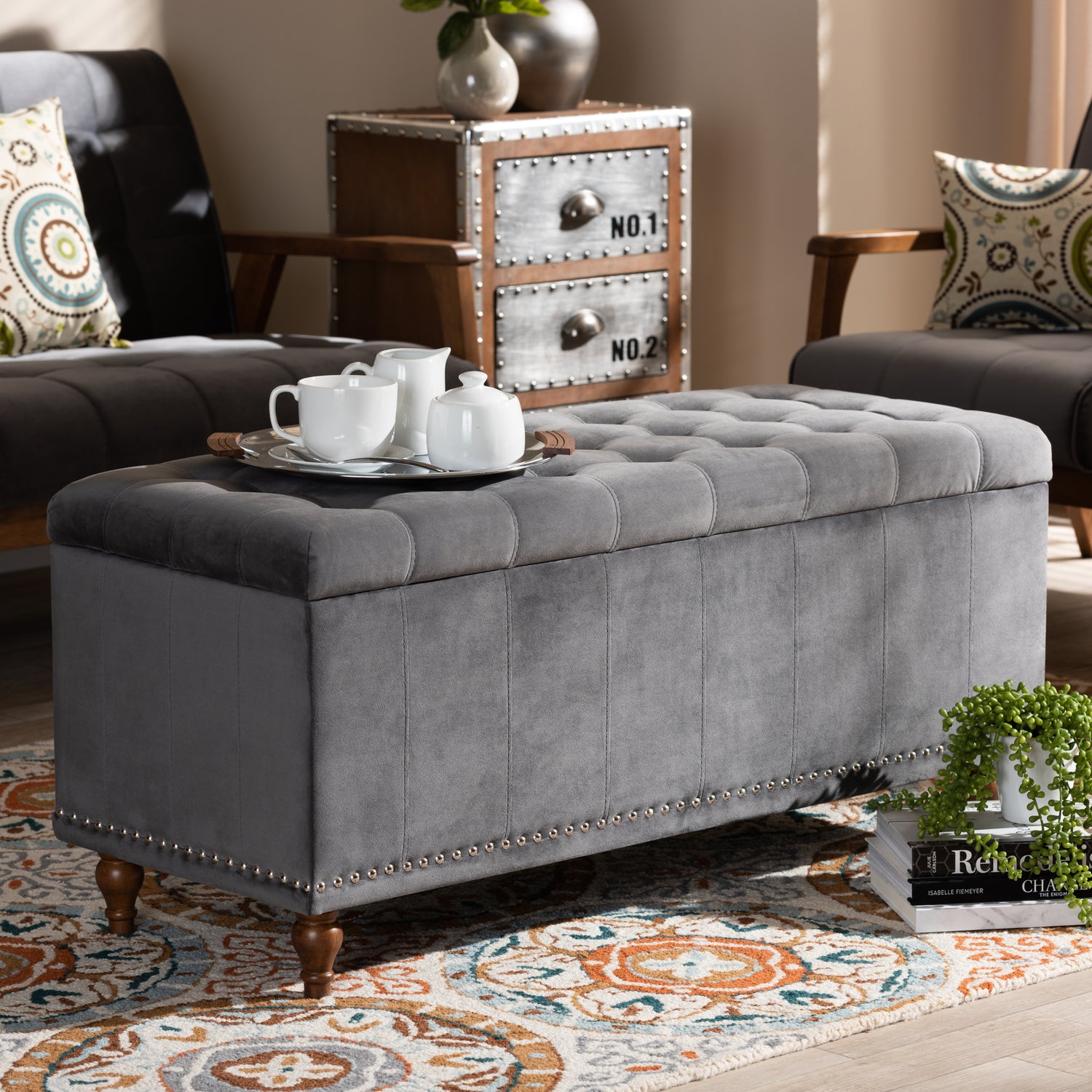 Kaylee Ottoman Modern Contemporary Grey Velvet Fabric Upholstered Button-Tufted Storage Bench