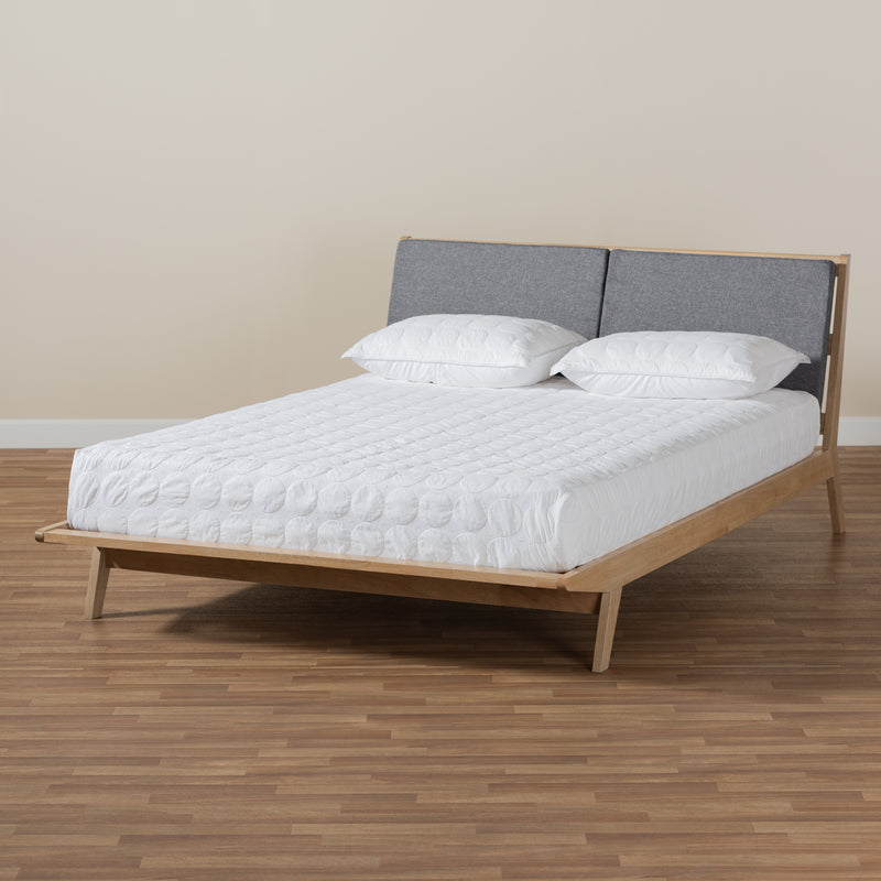 Emile Platform Bed - Modern and Contemporary Grey Fabric Upholstered with Natural Oak Finished Wood