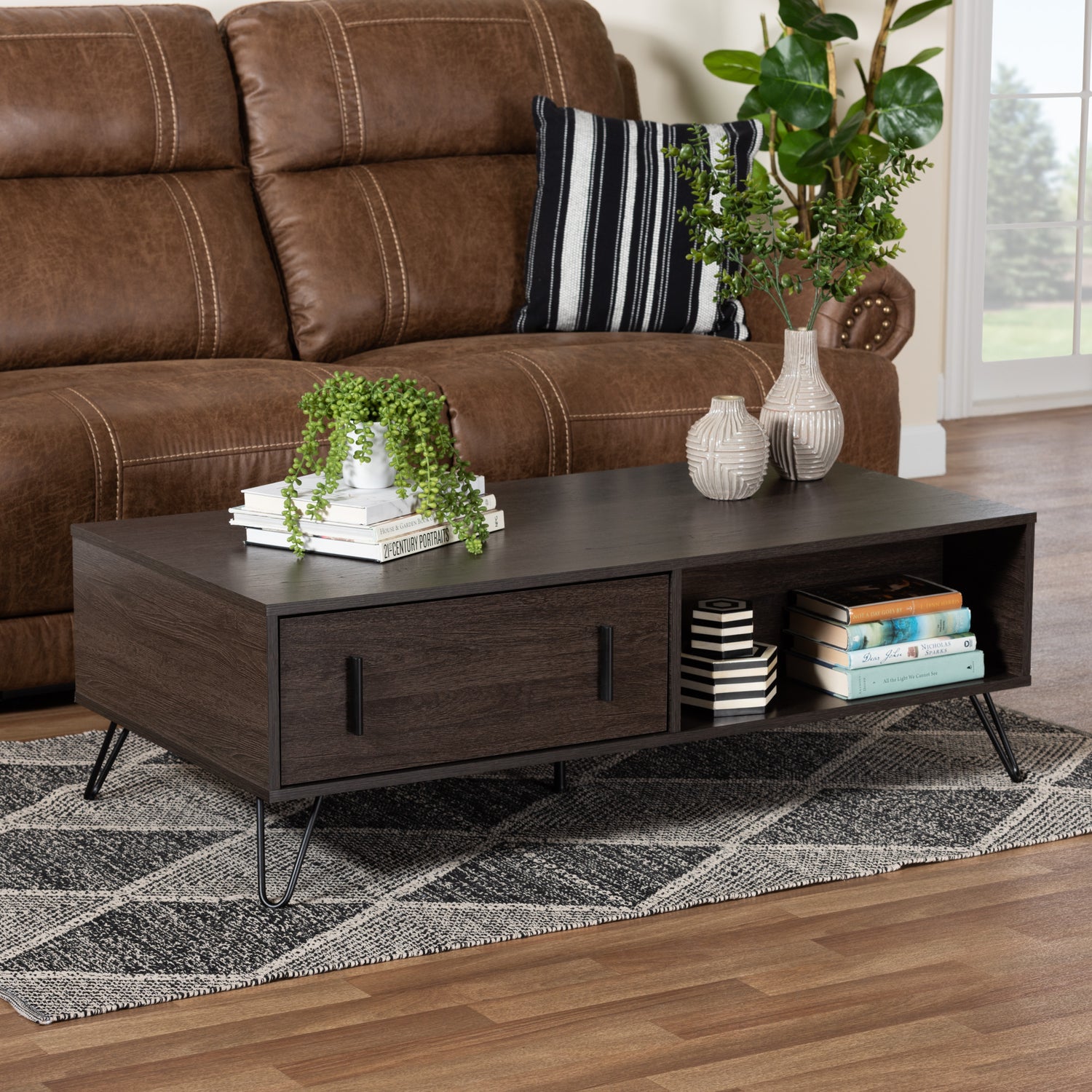 Baldor Coffee Table - Modern Design with Dark Brown Wood and Black Metal, Featuring 2 Storage Drawers