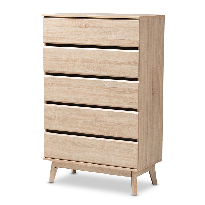 Miren Mid-Century Modern 5-Drawer Chest in Light Oak and Dark Grey Finish - Stylish Storage for Bedroom or Living Room