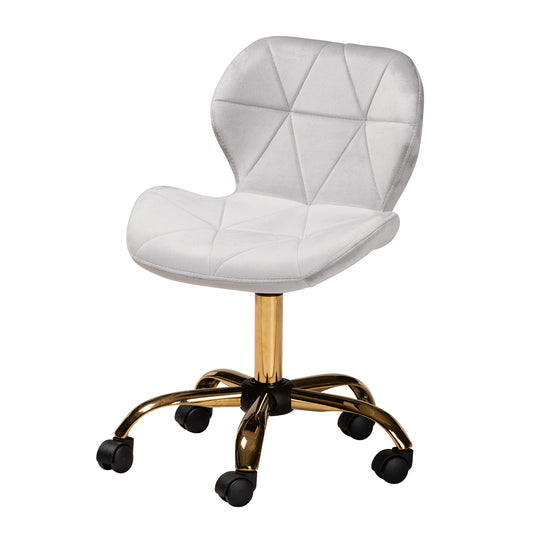 Savara Office Chair Contemporary Glam and Luxe Grey Velvet Fabric and Gold Metal Swivel