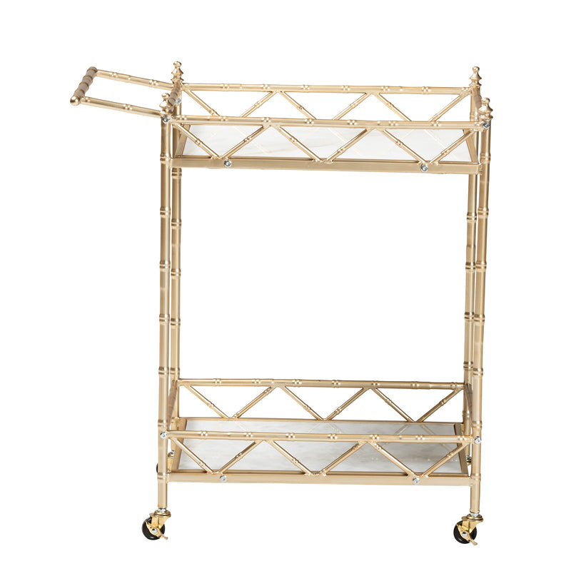 Mela 2-Tier Wine Cart - Contemporary Glam Design with Gold Metal Frame and White Marble Shelves