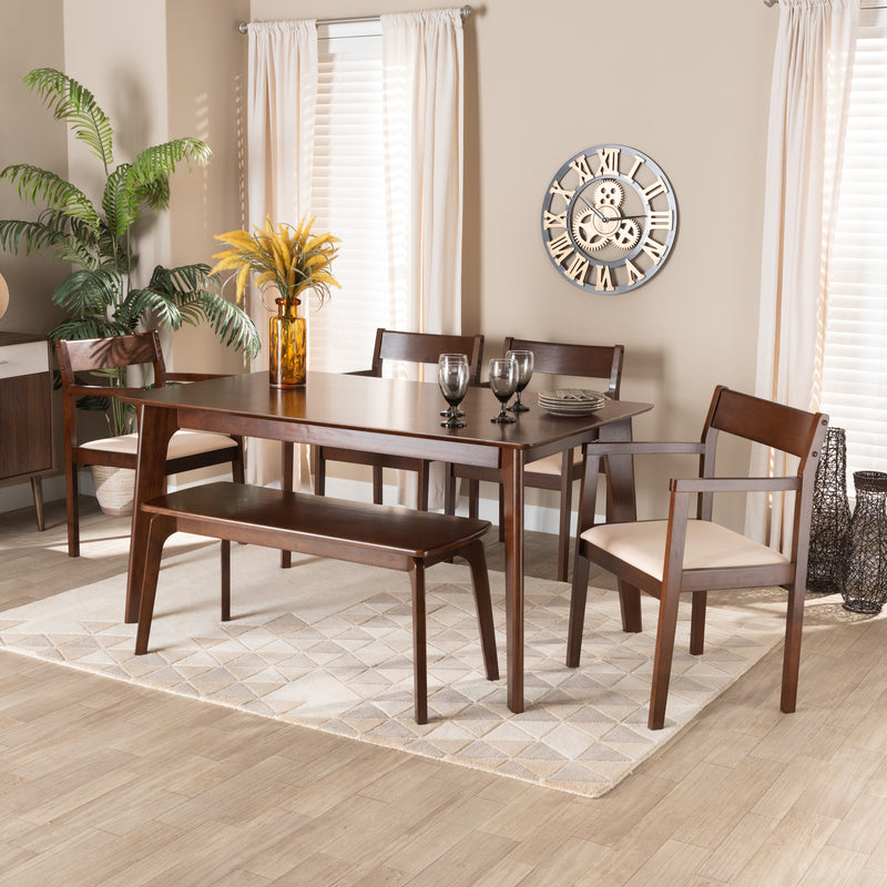 Helene Dining Set Mid-Century Modern 6-Piece Cream Fabric and Dark Brown Wood Collection for Stylish Dining Rooms