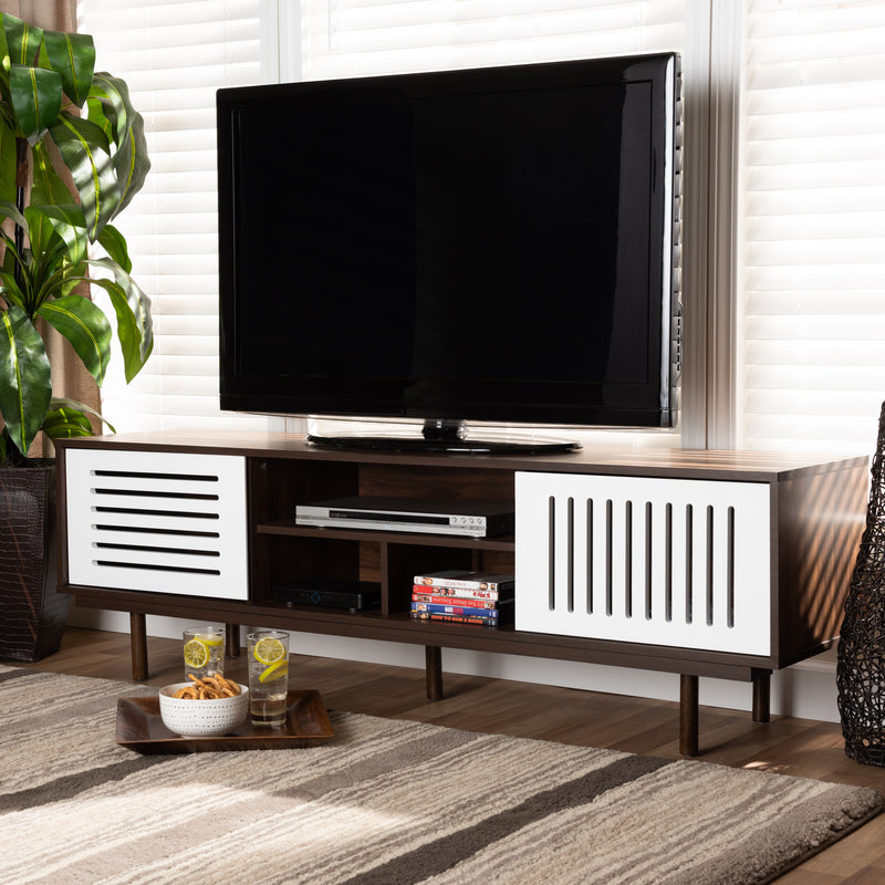 Meike Mid-Century Modern TV Stand Two-Tone Walnut Brown and White, Stylish Entertainment Center for Living Room and Media Storage