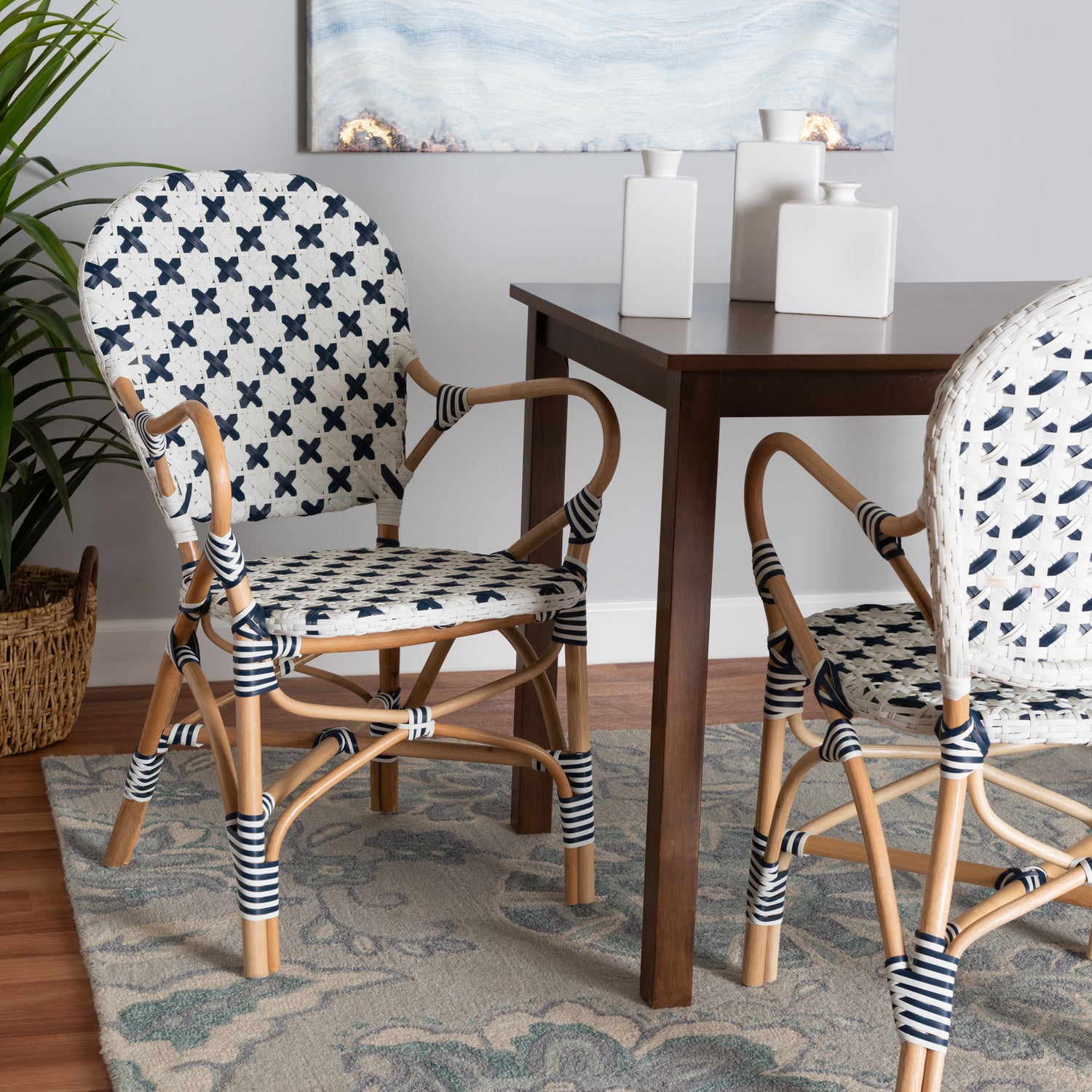 Bryson Bistro Chair Modern French Design in Blue and White Weaving with Natural Rattan Accents for Dining and Outdoor Spaces