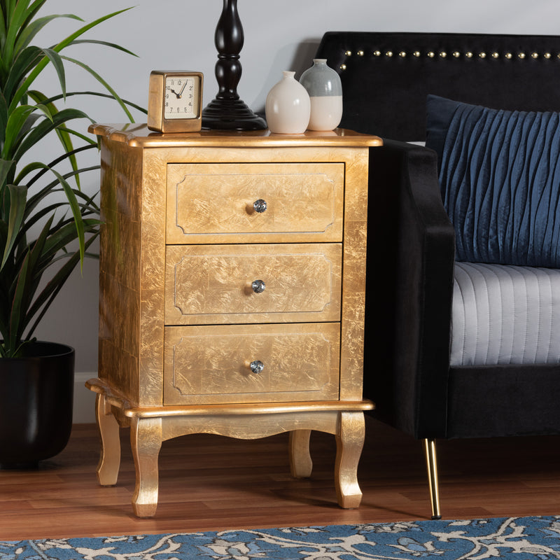 Newton End Table Classic and Traditional Gold Finished Wood 3-Drawer