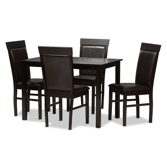 Thea 5-Piece Dining Set in Modern Dark Brown Faux Leather Upholstery