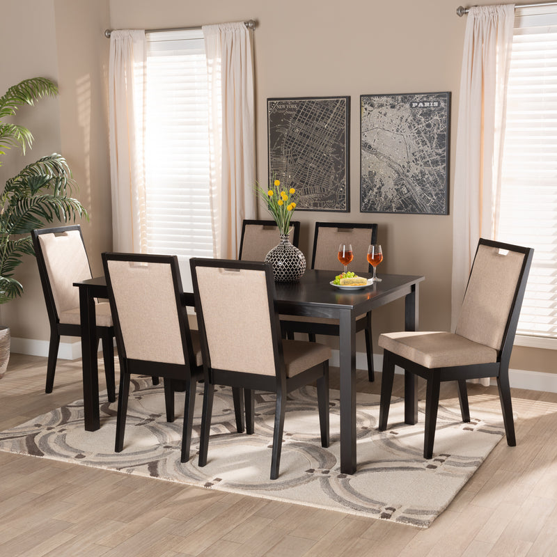 Rosa Dining Set Modern and Contemporary Grey Fabric Upholstered Walnut Brown Finished Wood 7-Piece