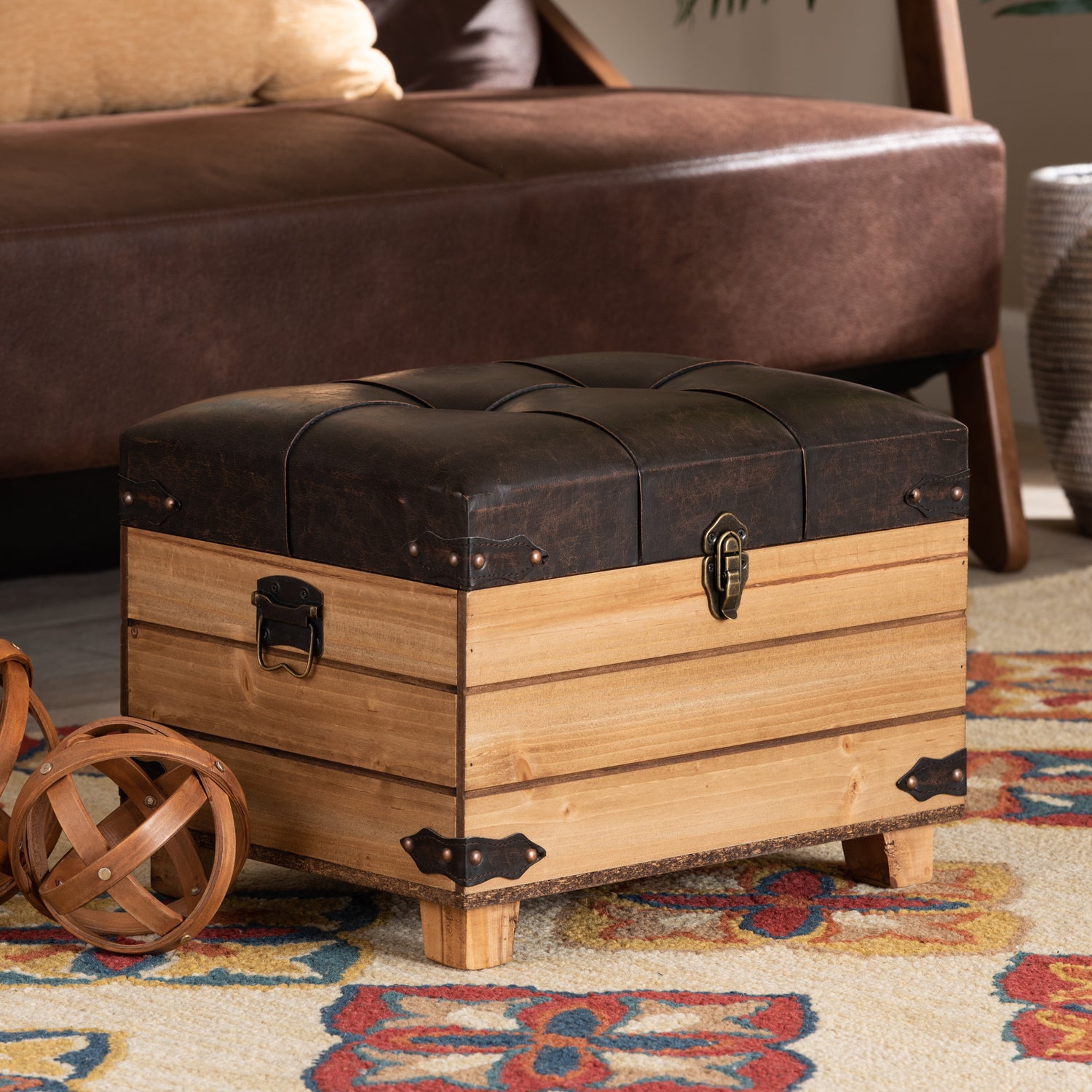 Edmund Storage Ottoman Rustic Dark Brown Faux Leather Upholstered with Oak Finished Wood