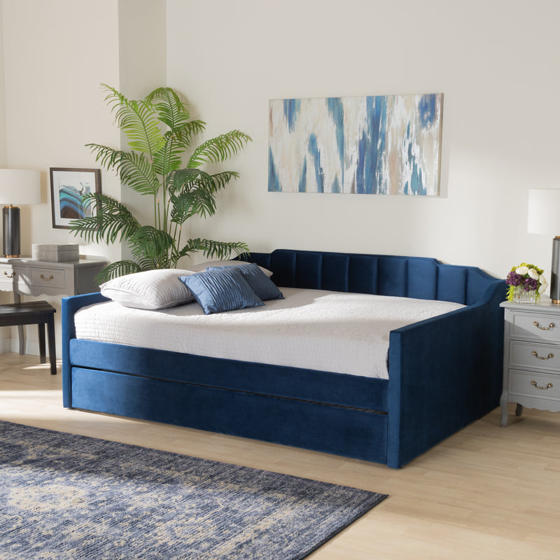 Lennon Daybed - Modern and Contemporary Navy Blue Velvet Fabric Upholstered with Trundle