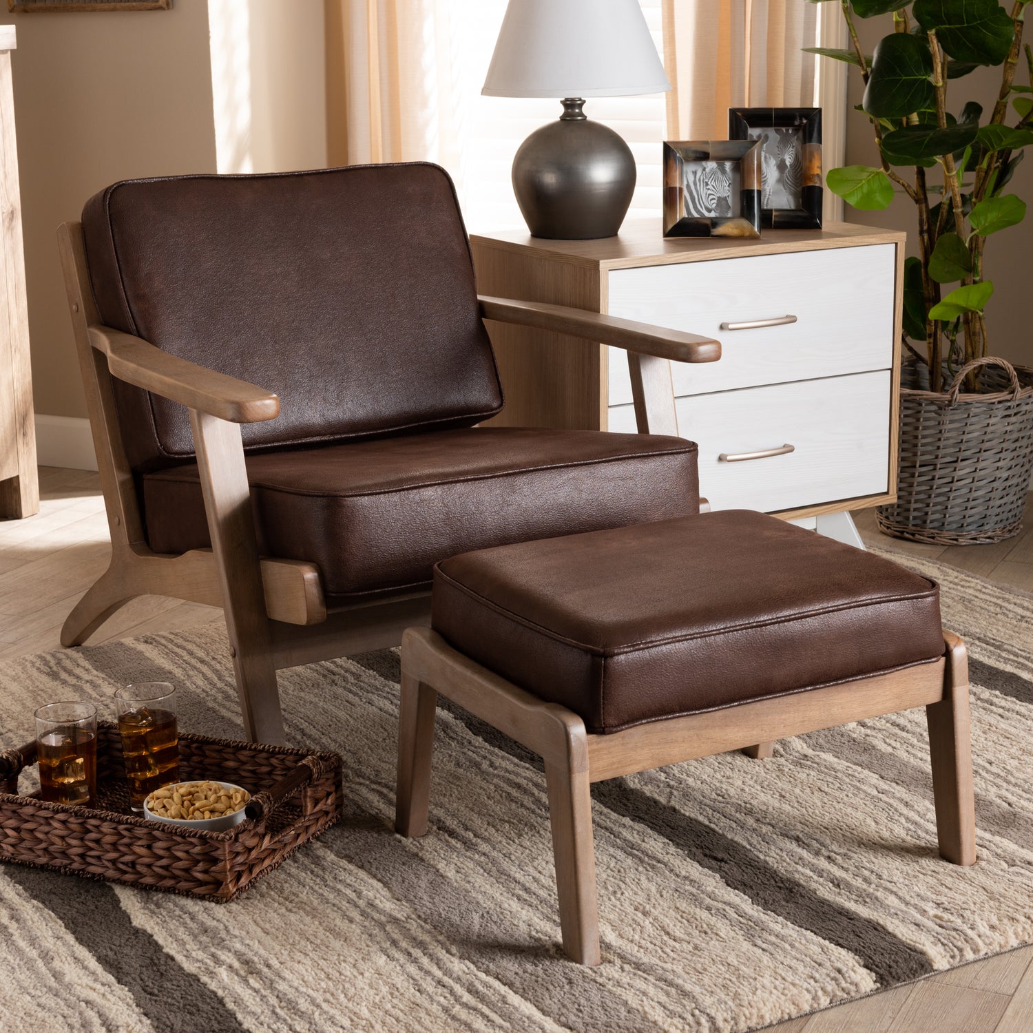 Sigrid Armchair and Ottoman Set Mid-Century Modern Dark Brown Faux Leather Effect Fabric Antique Oak Finished 2-Piece