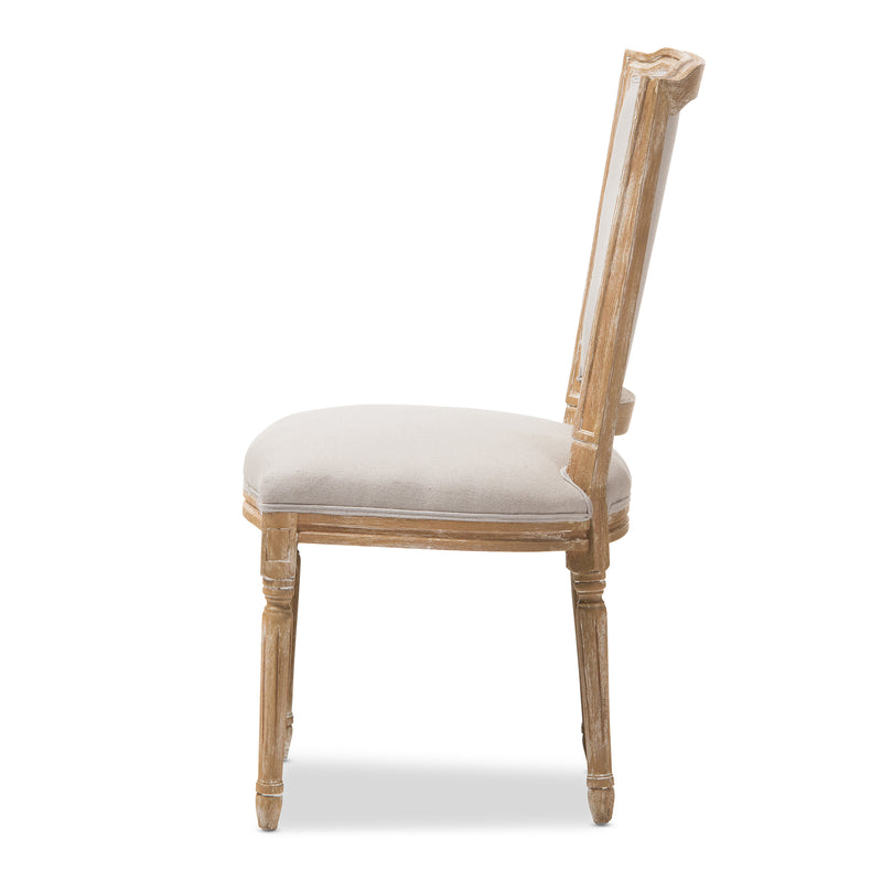 Cadencia Vintage Cottage Dining Side Chair in Weathered Oak with Beige Fabric Upholstery