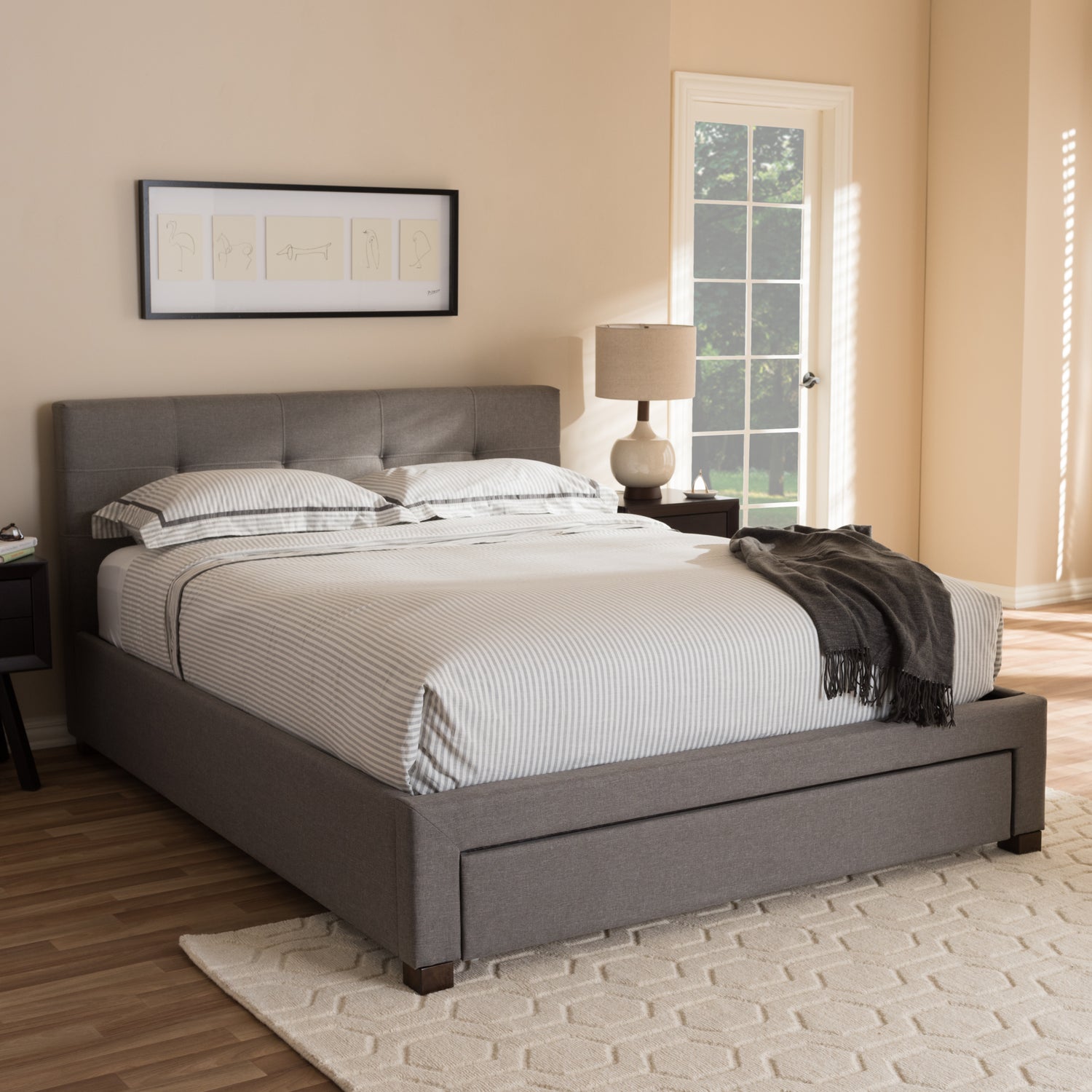 Brandy Modern and Contemporary Grey Fabric Upholstered Platform Bed with Storage Drawer