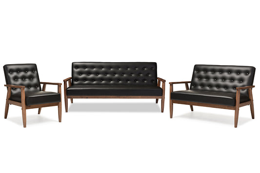 Sorrento Living Room Set Mid-century Retro Modern Black Faux Leather Upholstered Wooden 3 Piece