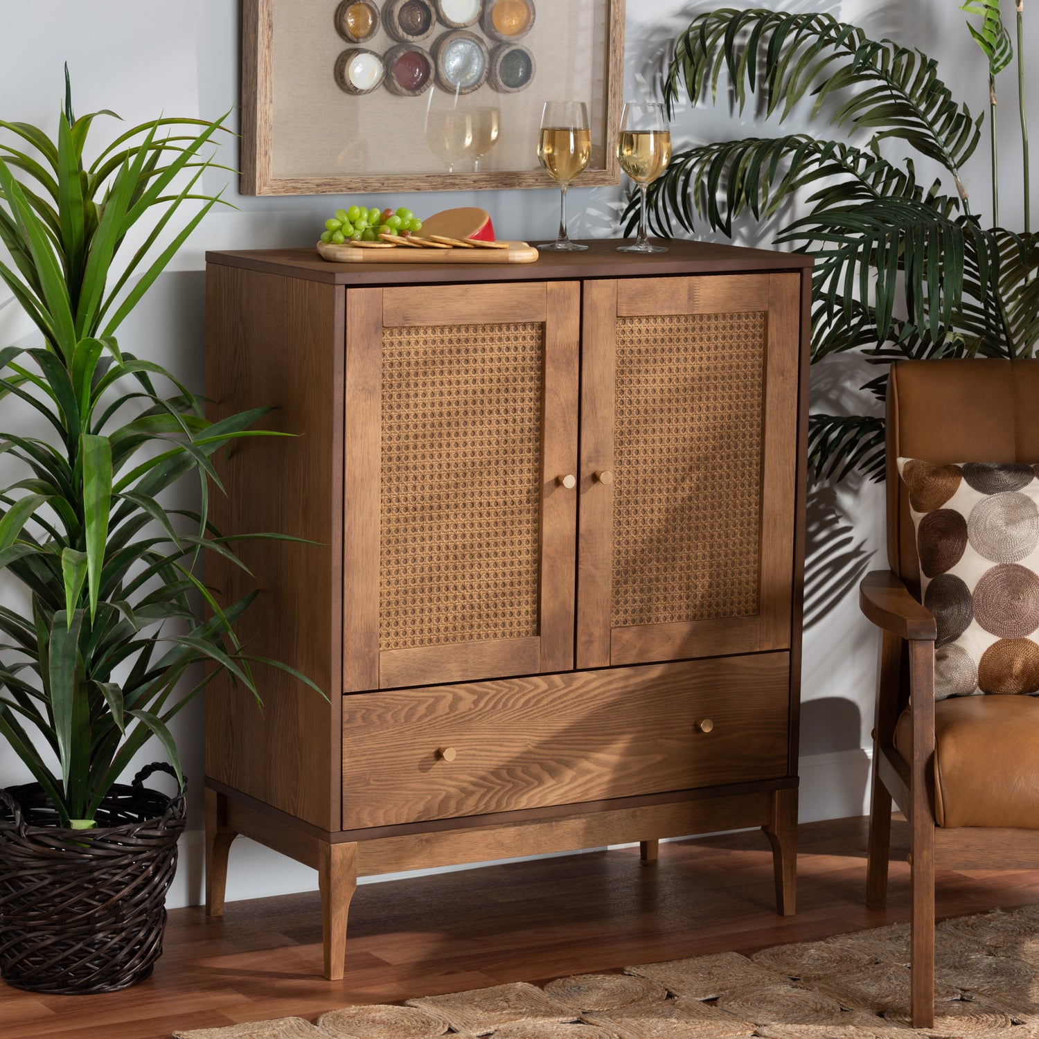 Ramiel Sideboard Mid-Century Modern Design Ash Walnut Finish Wood Rattan with 1 Drawer for Storage