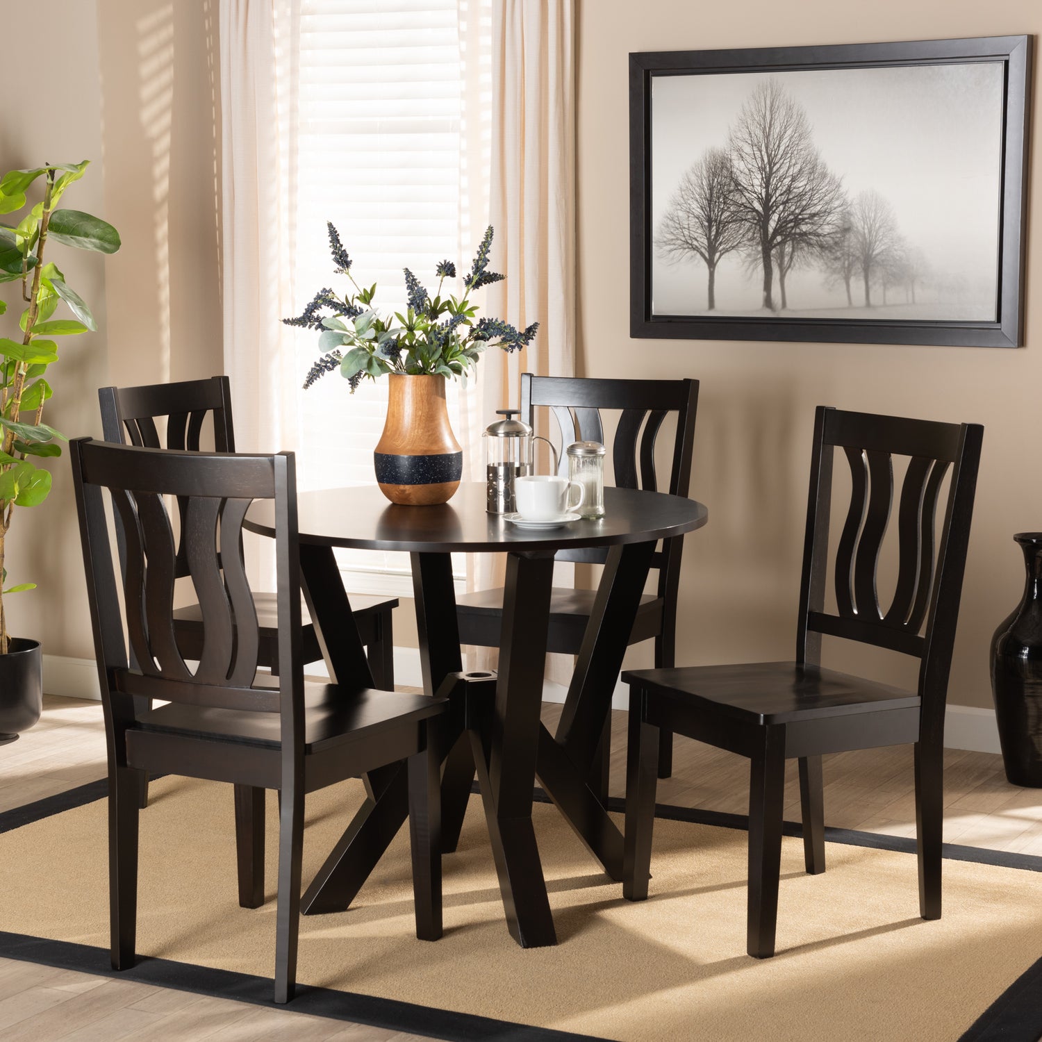 Noelia Dining Set Modern Contemporary Transitional Dark Brown Finished Wood 5-Piece