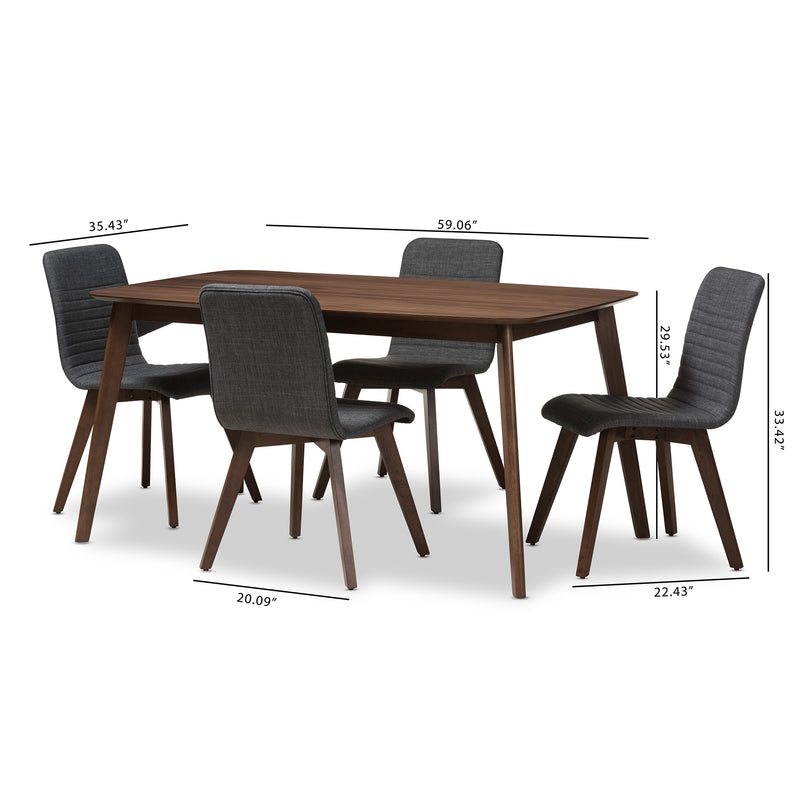 Sugar Dining Set Mid-Century Modern Dark Grey Fabric Upholstered Walnut Wood Finished 5-Piece