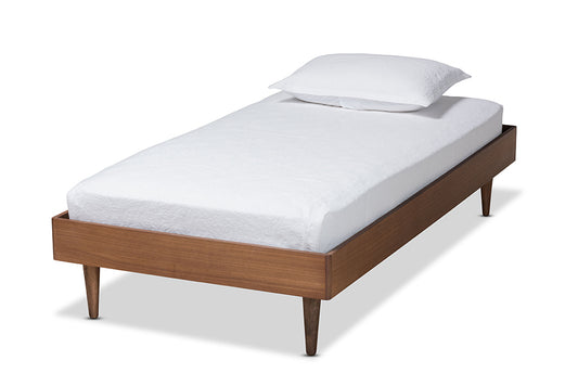 Rina Twin Size Platform Bed Frame Mid-Century Modern Design in Ash Walnut Finished Wood for Stylish Bedroom Decor