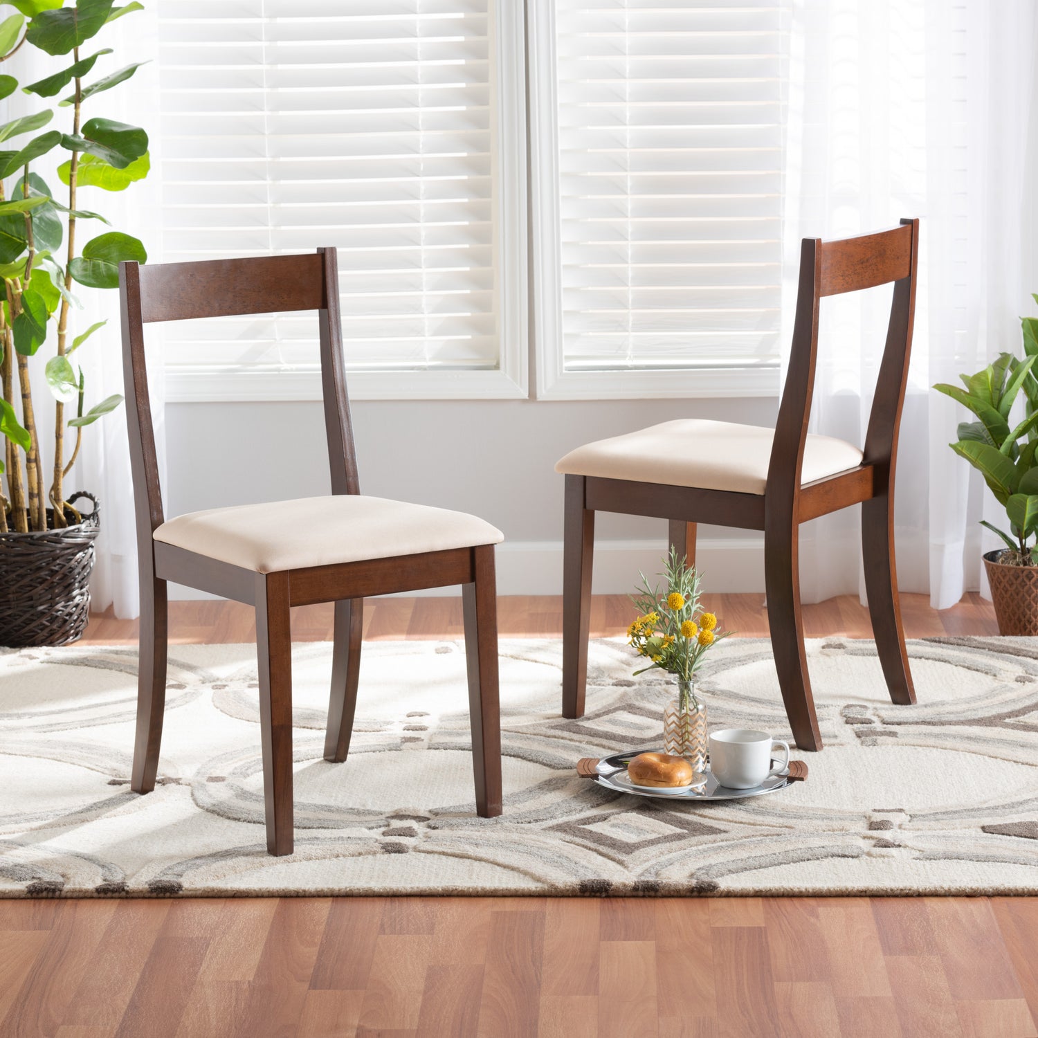 Carola Dining Chair Set Mid-Century Modern Cream Fabric and Dark Brown Finished Wood 2-Piece