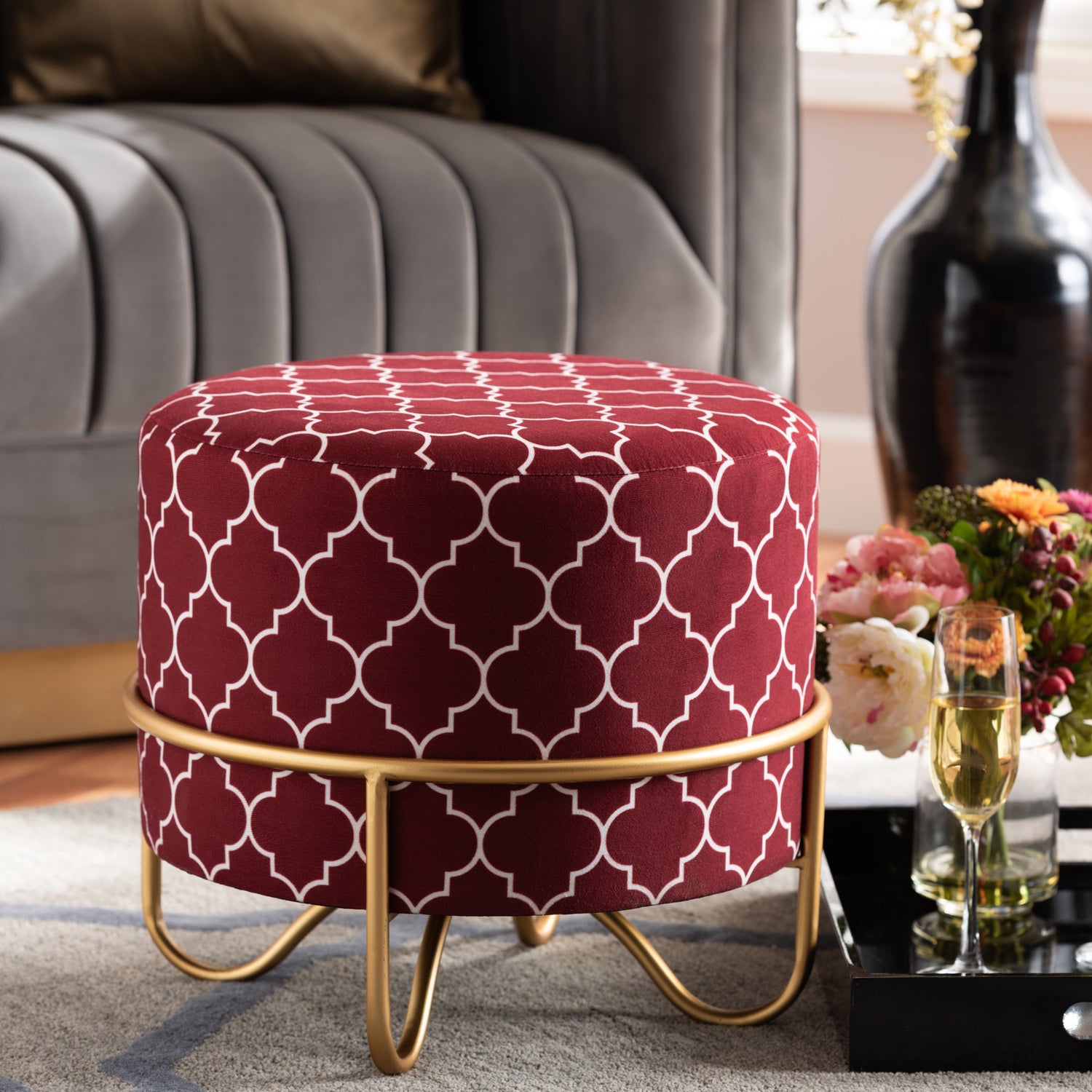 Candice Glam Ottoman Luxe Red Quatrefoil Velvet Upholstered with Gold Metal Base Stylish Accent Furniture for Living Room or Bedroom