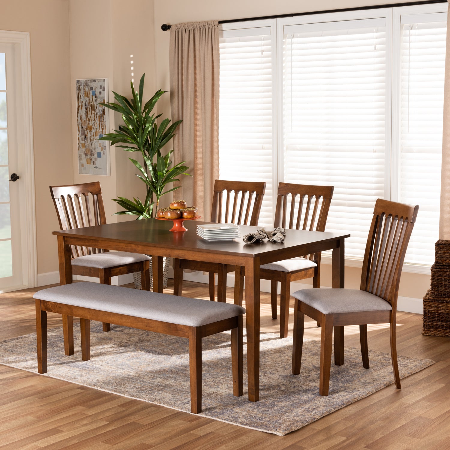 Minette Dining Set Modern Contemporary Grey Fabric Upholstered Walnut Brown Finished Wood 6-Piece