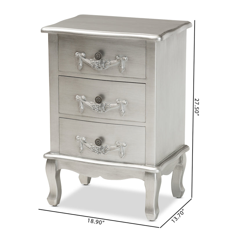 Callen End Table Classic and Traditional Brushed Silver Finished Wood 3-Drawer