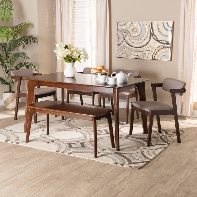 Althea Dining Set Mid-Century Modern 6-Piece Collection in Warm Grey Fabric and Dark Brown Wood Finish