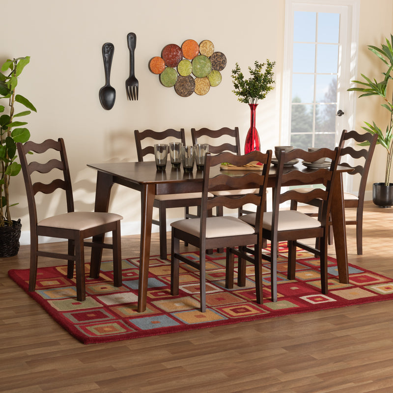 Amara Dining Set Mid-Century Modern 7-Piece Cream Fabric and Dark Brown Wood Collection for Stylish Dining Rooms